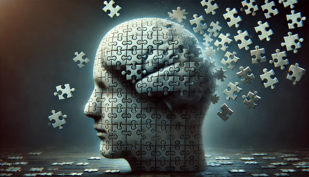 Why cant I remember anything? A puzzle-like brain with missing pieces, symbolizing cognitive decline and memory gaps