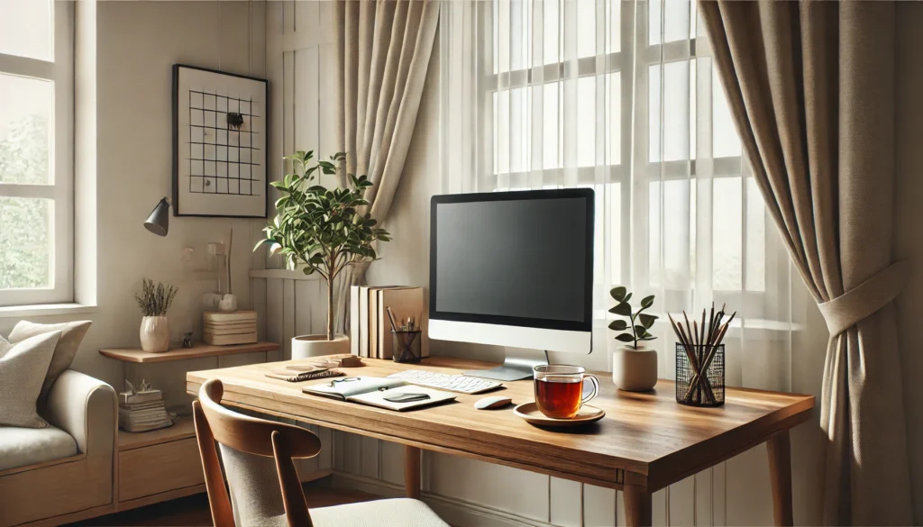 A modern home workspace with a sleek wooden desk, a desktop monitor, a notebook, and a cup of herbal tea. Soft natural light filters through sheer curtains from a large window, complemented by minimalist decor and green plants to inspire focus and productivity.