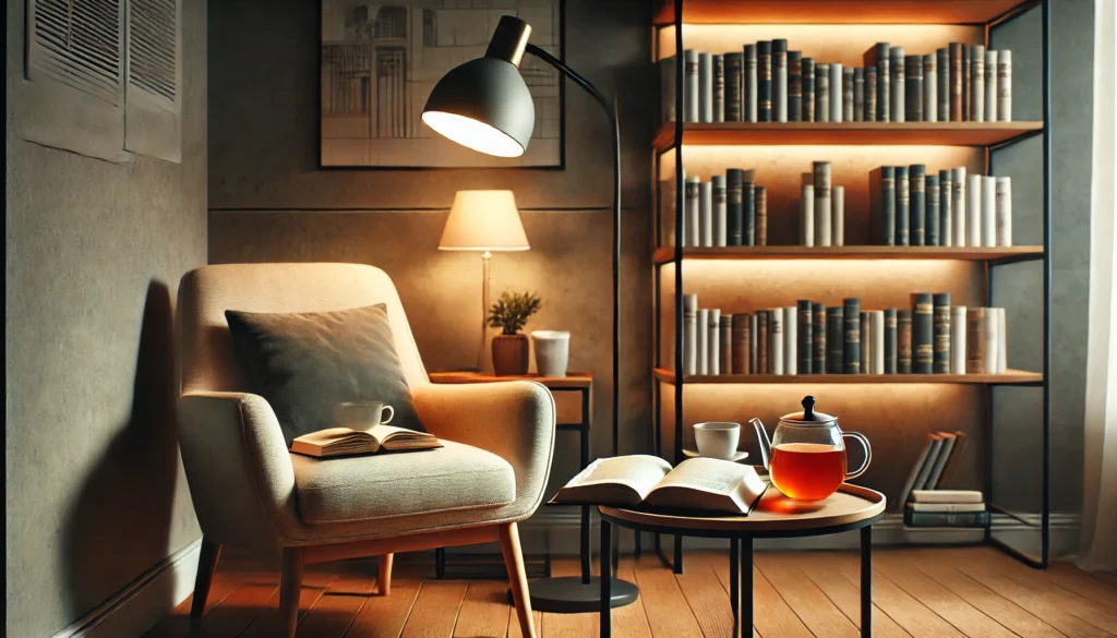 A cozy reading nook with a comfortable chair, a small table holding an open book and a cup of tea. Warm lighting from a floor lamp and a neatly arranged bookshelf create an environment conducive to deep concentration.