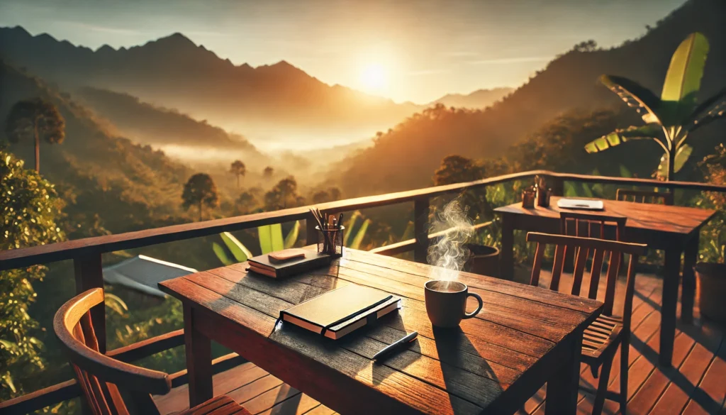 A tranquil outdoor workspace at sunrise with a wooden desk on a terrace overlooking a mountain range. A journal, pen, and steaming coffee cup sit on the desk, symbolizing clarity and productivity.