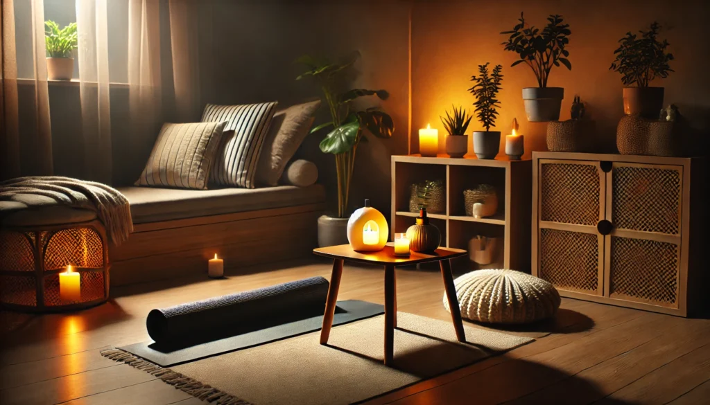 A serene meditation corner in a dimly lit room, featuring a yoga mat, a small table with a lit candle, and an aromatherapy diffuser, surrounded by potted plants and cushions, creating an ideal space for relaxation and sleep readiness.