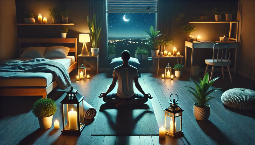 A peaceful nighttime scene of a person meditating on a yoga mat in a softly lit room with candles and plants, illustrating relaxation techniques for improved sleep.