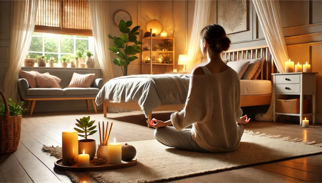 A serene bedroom with a person in a meditation pose on a soft rug, illuminated by warm candlelight. The space includes plants, wooden furniture, and soothing decor, creating a tranquil environment.