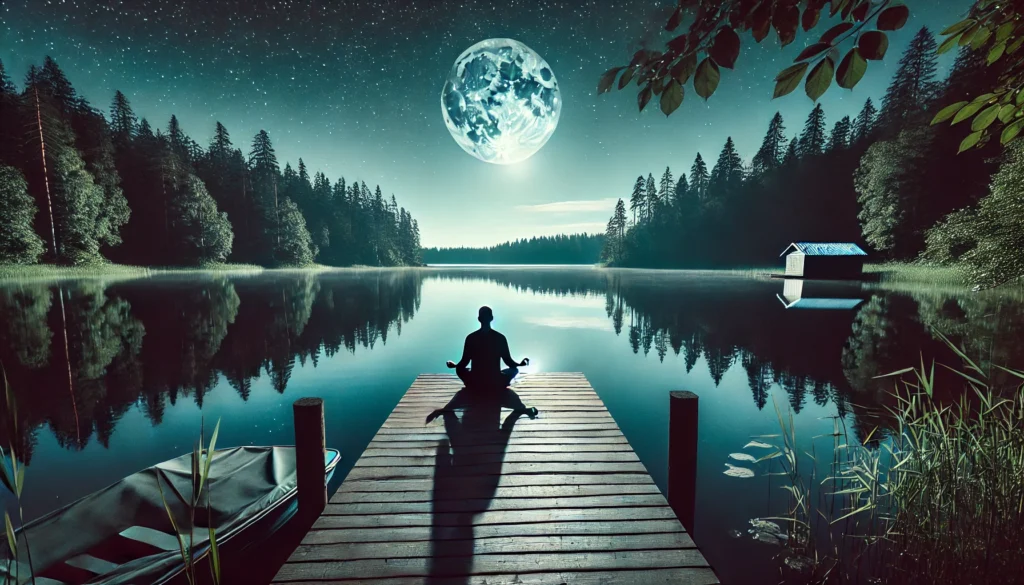 A tranquil nighttime scene of a person meditating cross-legged on a wooden dock by a serene lake. The moonlight reflects off the water, surrounded by trees, with a star-filled sky enhancing the peaceful ambiance. This image emphasizes relaxation, mindfulness, and a connection to nature before sleep.