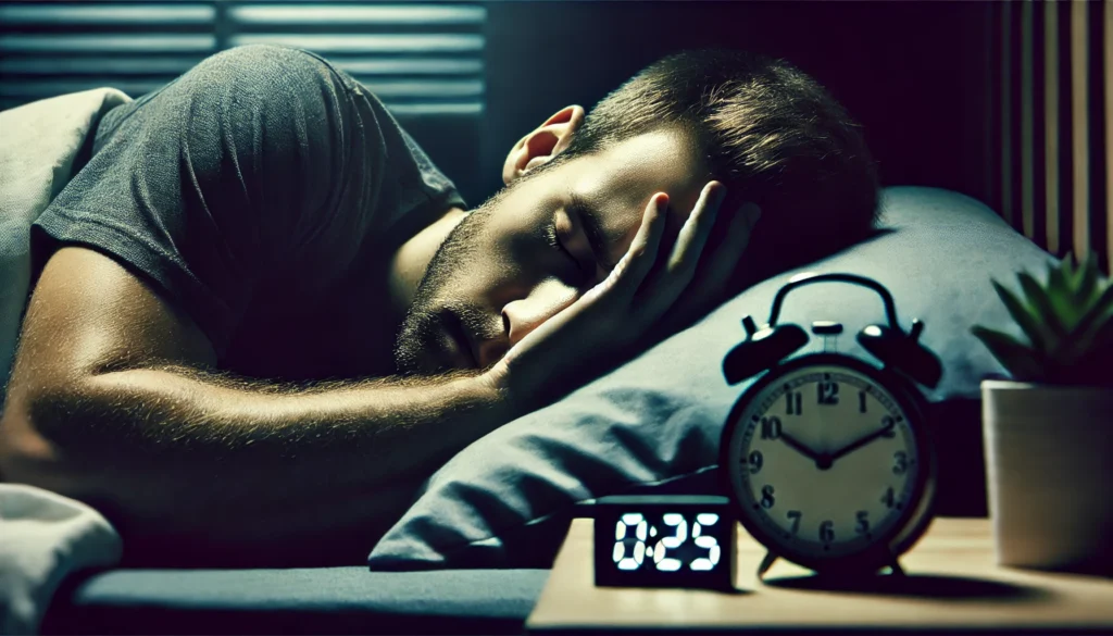 A close-up of a tired person lying in bed, eyes closed with a distressed expression, holding their forehead, symbolizing the impact of sleep deprivation on cognitive function and memory retention
