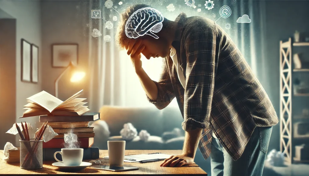 A person standing with their hand on their forehead, visibly struggling with mental exhaustion and memory loss. The cozy living room background and scattered papers suggest the stress and cognitive challenges tied to fatigue