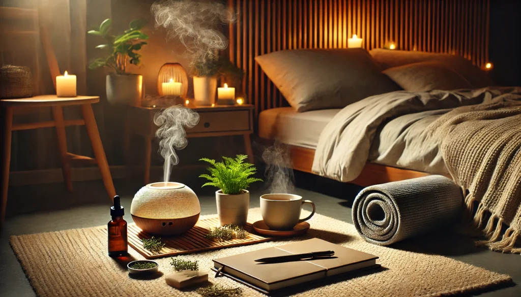 A serene pre-sleep setup featuring a yoga mat, a steaming cup of herbal tea, and an open journal with a pen on a soft rug. Dim ambient lighting and a diffuser emitting gentle mist enhance the calming atmosphere, perfect for mindfulness and relaxation before bedtime.