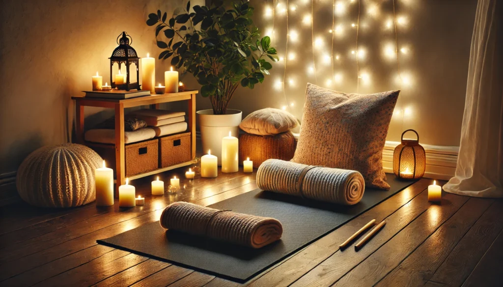 A tranquil yoga corner with a mat on a wooden floor, surrounded by glowing candles and string lights, a meditation cushion, folded blanket, and a small plant creating a peaceful ambiance.