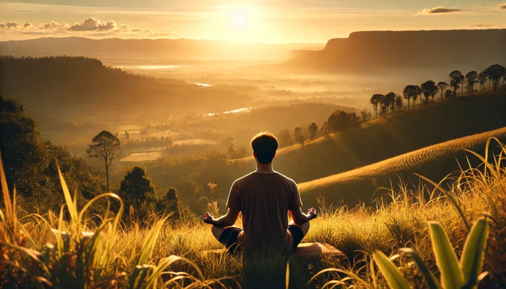 A serene scene of a person meditating cross-legged on a grassy hilltop at sunrise, overlooking a tranquil valley, bathed in golden light, promoting calmness and mindfulness.