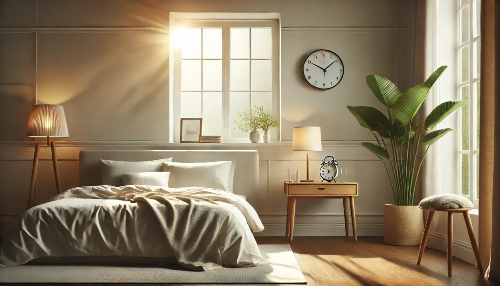 A minimalist bedroom at dawn with soft sunlight illuminating a plush bed in light gray bedding, a wooden nightstand with a glass of water and a clock, and a large leafy plant by the window enhancing the fresh and calming atmosphere.