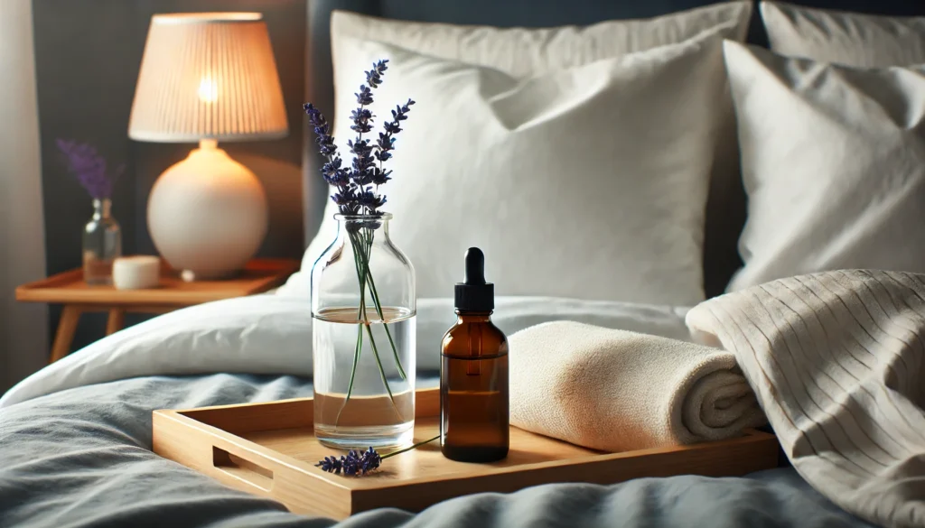 A minimalist bedside scene featuring a sleek glass bottle of sleeping liquid, a sprig of lavender, and a glass of water on a wooden tray. The soft background highlights a neatly made bed with plush pillows and a glowing bedside lamp, creating a peaceful and text-free ambiance perfect for relaxation.