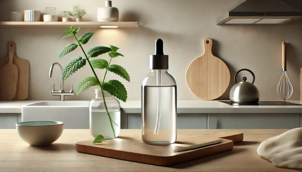 A minimalist kitchen countertop featuring a sleek glass bottle of sleeping liquid and a sprig of mint beside it. The scene includes a wooden cutting board and soft ambient lighting, presenting a tranquil and modern aesthetic without any textual elements.