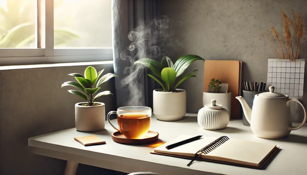 A peaceful home workspace with a clean desk, a notebook, a steaming cup of herbal tea, a potted plant, and soft natural light from a large window, fostering focus and reducing mental clutter.