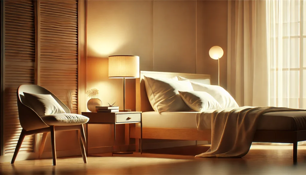 A serene bedroom scene featuring a cozy bed with soft bedding, ambient warm lighting, and minimalistic decor. A bedside table holds a small lamp and a book, emphasizing peace and relaxation for restful sleep.