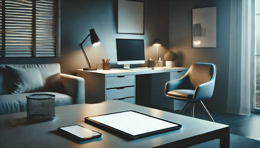 A serene modern home office at night featuring a minimalist desk with a blank-screen tablet. The room has soft ambient lighting, a comfortable chair, and clean, professional decor that emphasizes functionality and calmness.