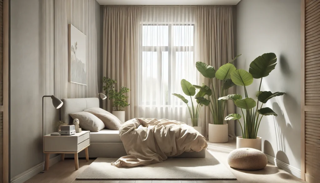 A modern bedroom with soft natural light through sheer curtains, neutral bedding, potted green plants, a white noise machine on the nightstand, and a large cozy rug complementing the minimalist decor.