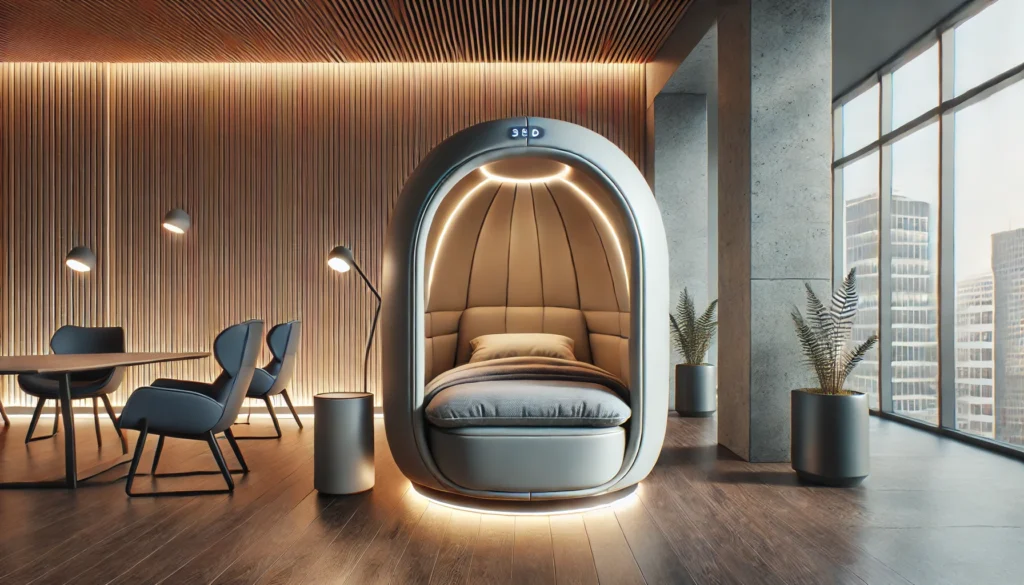 A modern sleep pod in a corporate wellness space, featuring a sleek, ergonomic design with ambient lighting. The pod is set against a minimalist backdrop, promoting relaxation and short naps for professionals.
