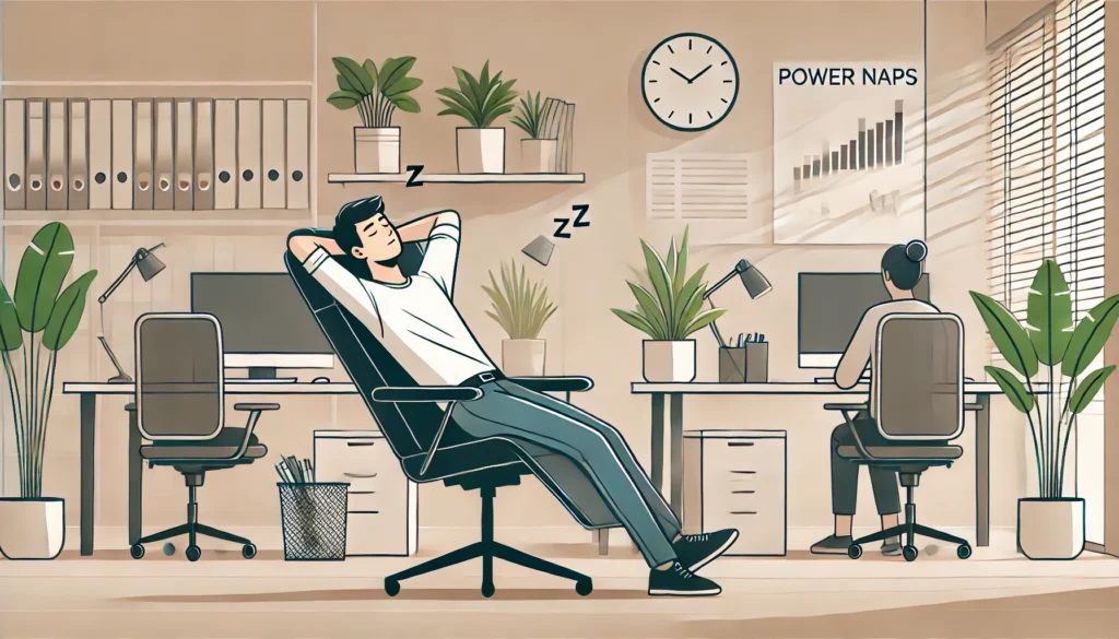 A modern workspace featuring a person reclining in an ergonomic chair, eyes closed, in a minimalist office with plants and soft ambiance, symbolizing power naps for productivity.
