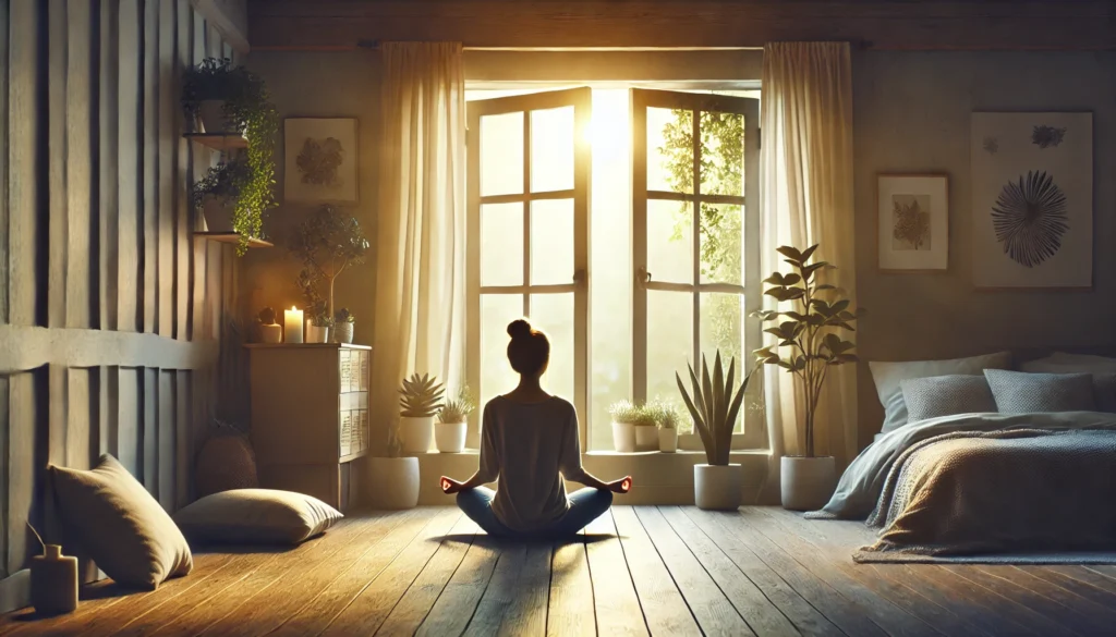 A tranquil morning scene featuring a person meditating near an open window with soft sunlight streaming in, surrounded by gentle plants and minimalist decor, evoking calm and mindfulness for sleep hypnosis.