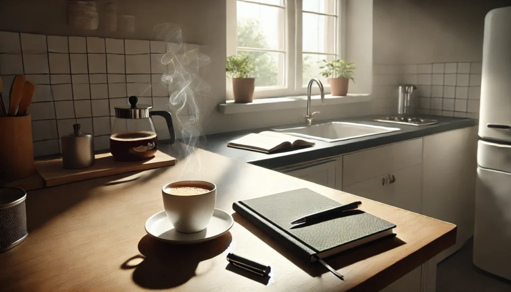 A minimalist kitchen counter featuring a steaming cup of coffee, an open notebook, and a pen near a window illuminated by bright morning sunlight, evoking a calm and productive start to the day.