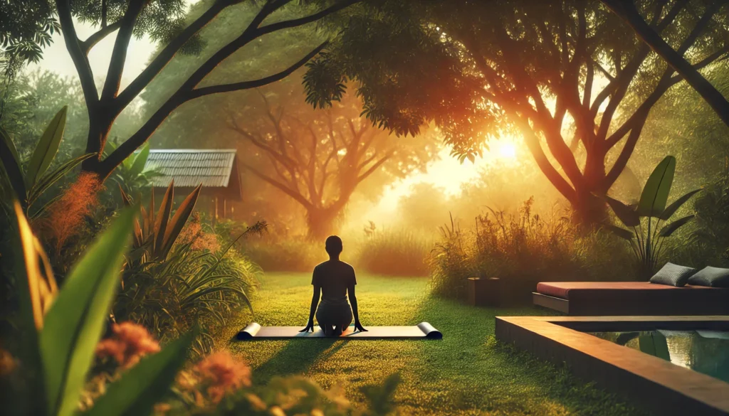 A serene outdoor scene at sunrise with a person practicing yoga on a mat surrounded by lush greenery and bathed in a golden glow, evoking peace, mindfulness, and preparation for a restful sleep routine.