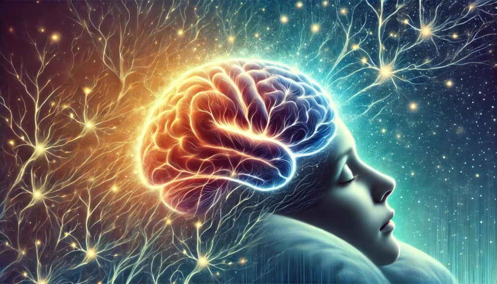 An artistic depiction of the human brain transitioning into sleep, with neural pathways glowing softly. The brain is shown in warm and cool hues, symbolizing activity winding down to relaxation. The background features a starry night sky, representing the serene shift from wakefulness to rest.