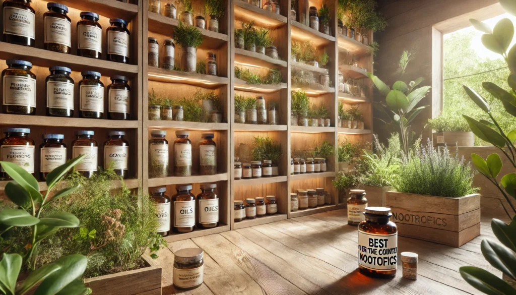 A natural apothecary-style setup featuring jars of herbs and supplements with a warm, rustic ambiance