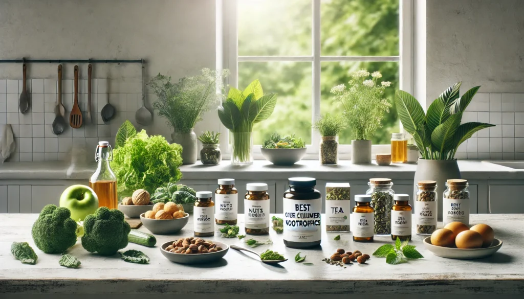 A minimalist kitchen counter showcasing natural ingredients and supplements in a bright, airy setting