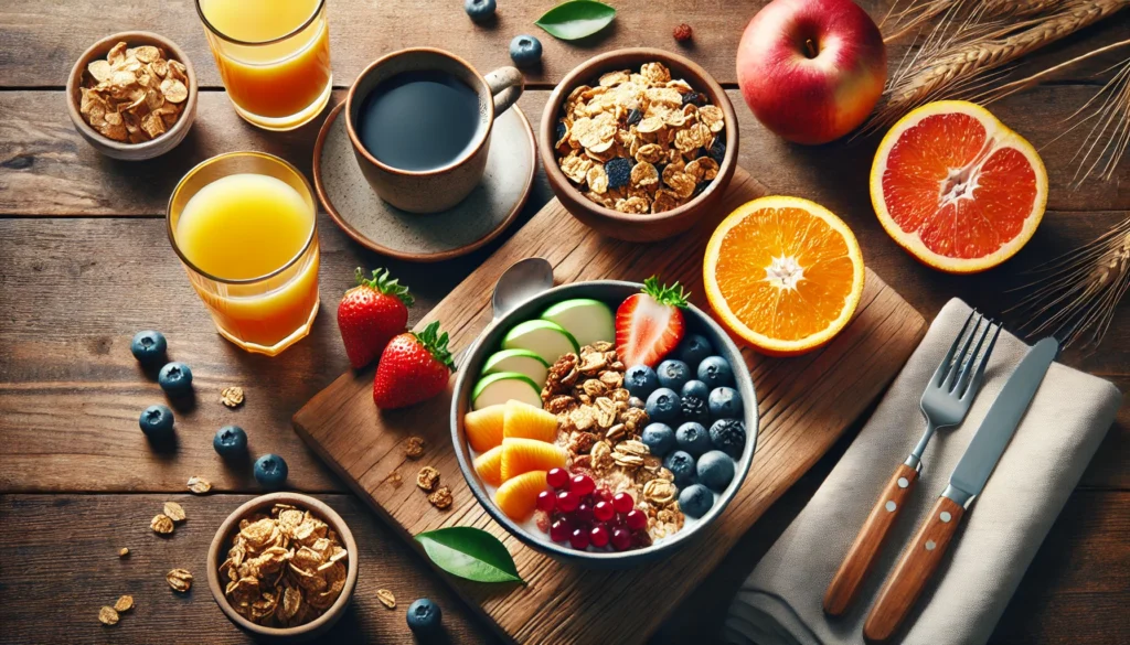 An overhead view of a balanced breakfast on a wooden table, featuring a bowl of fresh fruits, granola, a glass of orange juice, and a steaming cup of coffee. The scene highlights healthy morning nourishment.