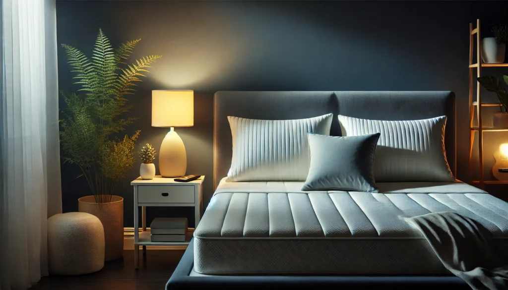 A tranquil bedroom at night featuring a neatly made bed with ergonomic pillows and a memory foam mattress. The room is softly illuminated by a bedside lamp, with a calming plant in the corner and minimalist decor, emphasizing an environment optimized to reduce sleep tension.