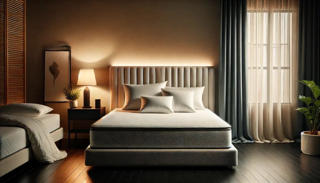 A serene bedroom at night featuring a neatly made bed with a memory foam mattress and ergonomic pillows. The room is softly illuminated by a warm-lit bedside lamp, with blackout curtains and minimalist decor, including a small plant, creating an ideal environment to reduce nighttime movements and improve sleep quality.