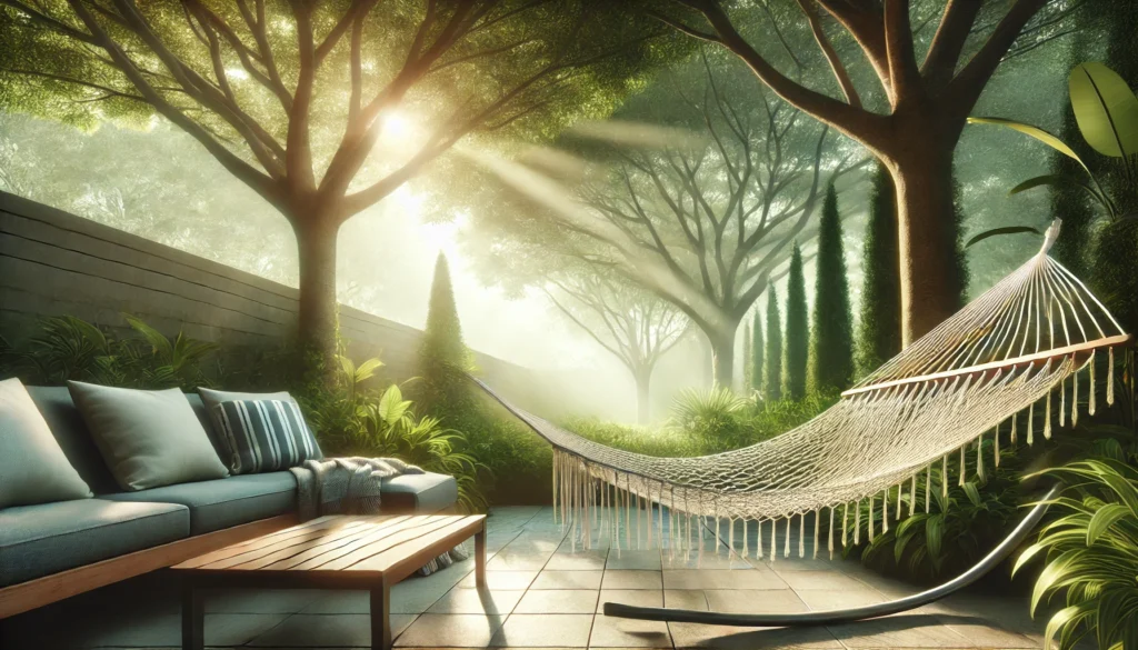 An outdoor patio setting designed for relaxation, featuring a hammock under the shade of lush trees, surrounded by soft sunlight filtering through the branches. The environment emphasizes tranquility and restfulness.