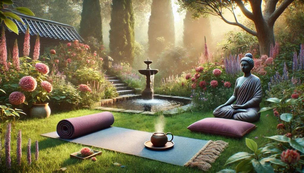 A peaceful garden with a yoga mat on a grassy lawn, surrounded by blooming flowers and trees. A small water fountain adds soothing sounds, while a meditation cushion and herbal tea complete the serene morning setting.