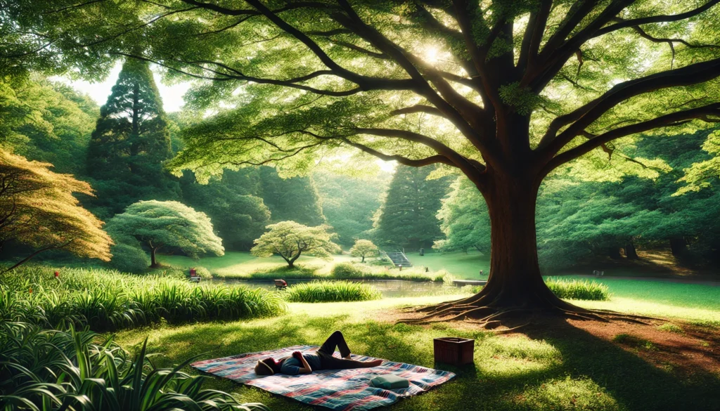A serene park scene with a person napping on a picnic blanket under a tree, surrounded by lush greenery and soft sunlight. The image captures the tranquility of a restful daytime nap in nature.