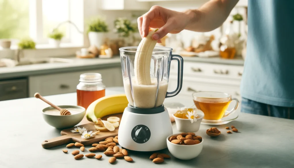 A close-up of a hand adding a peeled banana to a blender on a sleek kitchen counter, surrounded by natural sleep-enhancing ingredients like almonds, honey, and chamomile tea, representing healthy nighttime preparation.