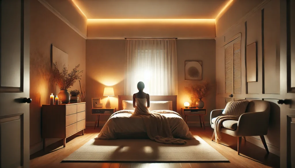 A serene bedroom featuring a person sitting on the edge of a cozy bed, illuminated by soft, ambient lighting, with minimalist decor and warm tones creating a relaxing atmosphere for peaceful sleep.