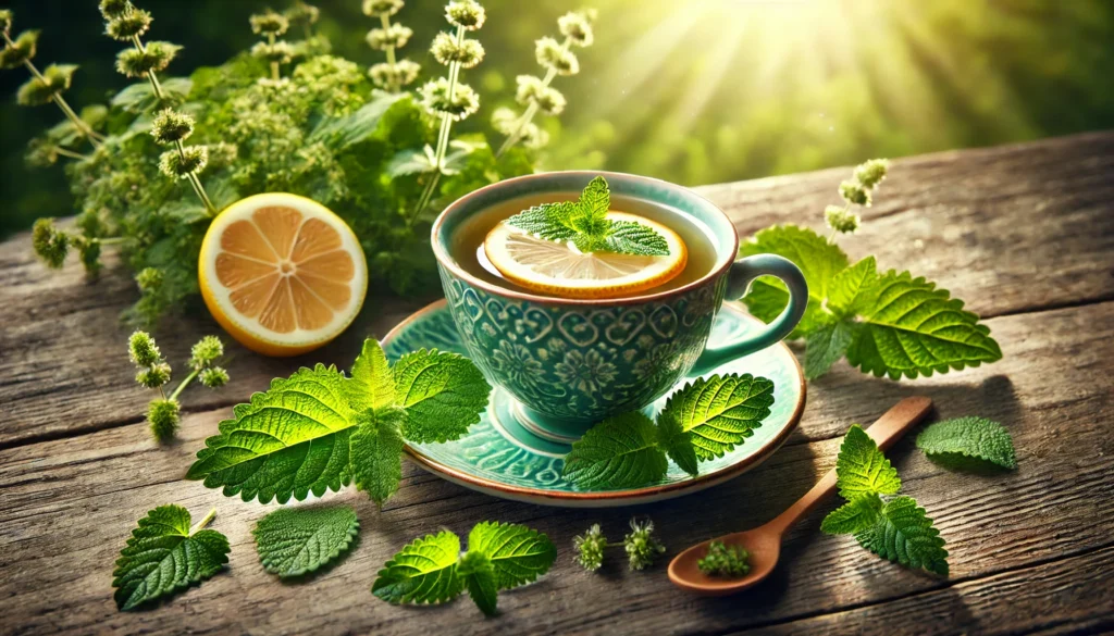 A vibrant cup of lemon balm tea with fresh lemon balm leaves scattered on a rustic wooden table, sunlight streaming through nearby greenery, evoking natural tranquility and wellness.