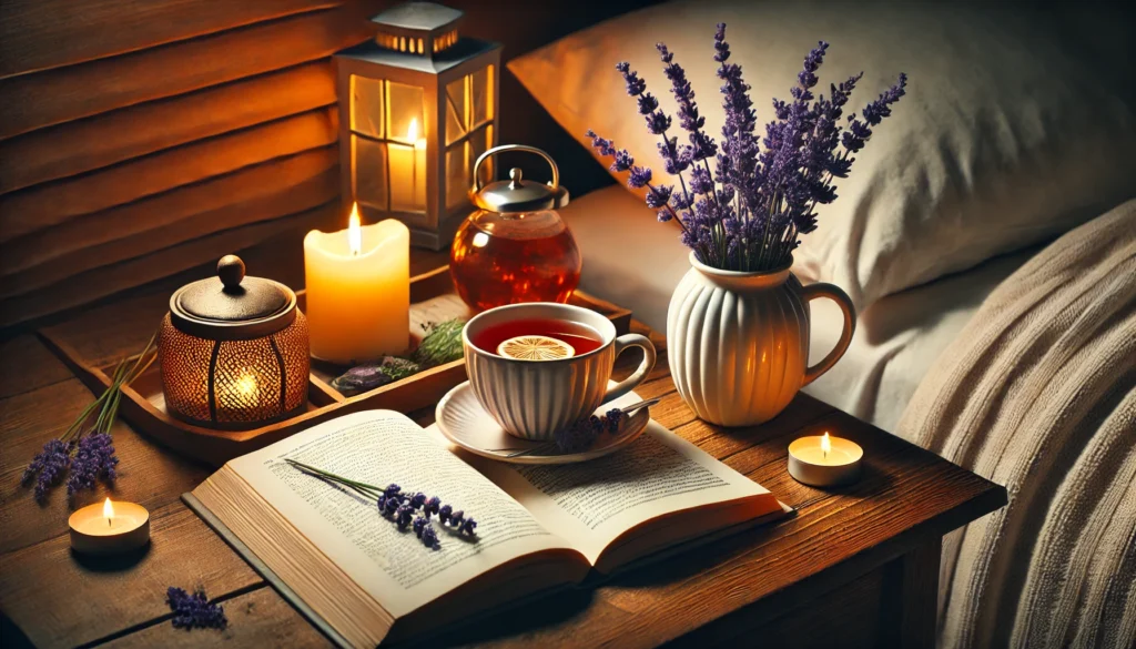 A cozy nighttime setting featuring a bedside table with a cup of herbal tea, a lit lavender-scented candle, and an open book, promoting relaxation and winding down before sleep.