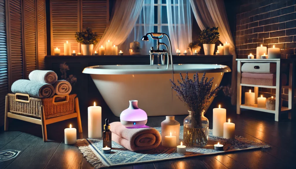 A senior-friendly bathroom at night featuring a calming setup with a bathtub surrounded by candles, a lavender diffuser, and neatly arranged towels, creating a serene, spa-like ambiance.