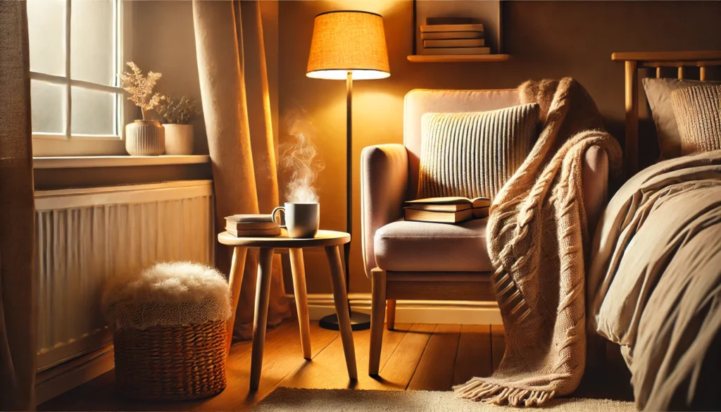 A cozy bedroom corner featuring a soft armchair with a plush blanket, a small side table holding a book and a steaming mug, and warm inviting lighting, perfect for pre-sleep relaxation.