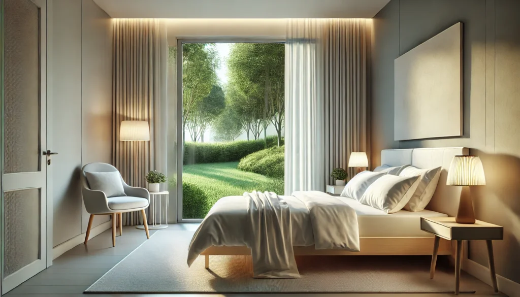 A peaceful bedroom designed for older adults, featuring a cozy bed with white linens, soft lighting from a bedside lamp, and a chair by a window overlooking a serene garden. The minimalist design promotes relaxation and restful sleep.