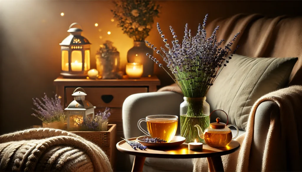 A tranquil living area featuring a cozy armchair, a side table with a steaming cup of chamomile tea, and a lavender plant, softly illuminated by warm lighting to create a calming and sleep-friendly ambiance.