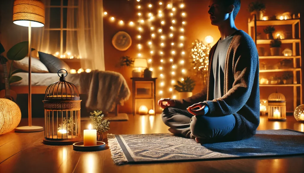 A calming indoor scene of a person sitting cross-legged on a soft rug, practicing self-hypnosis for sleep in a dimly lit room with warm ambient lighting, a glowing candle, and cozy decor fostering relaxation.