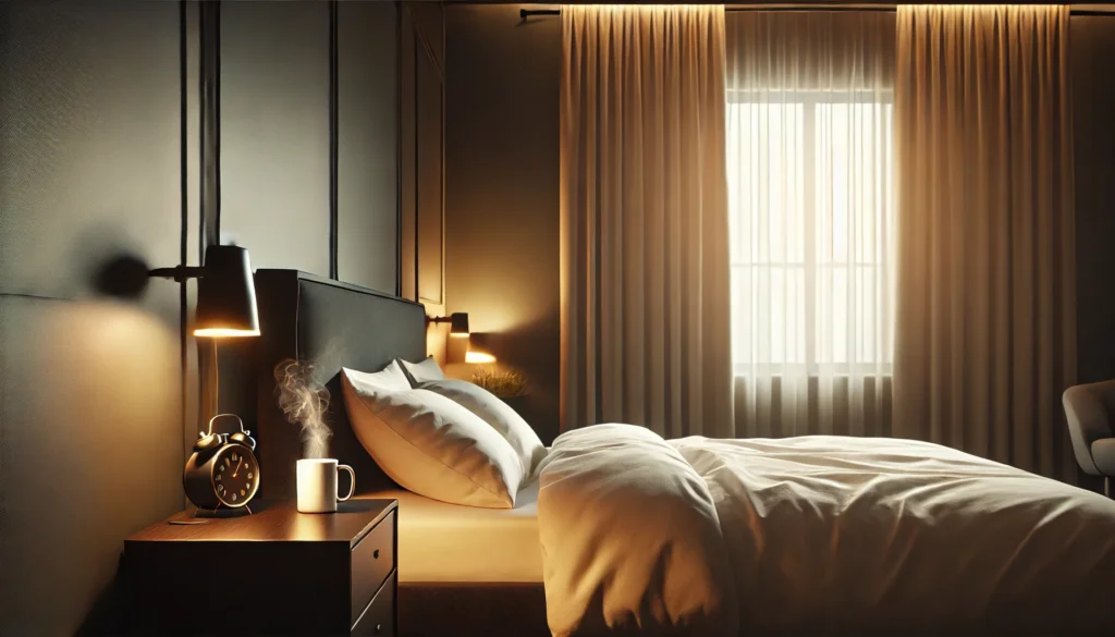 A serene bedroom at dusk featuring soft lighting, a neatly made bed, blackout curtains fully drawn, and a bedside table with a steaming mug, creating a calming ambiance for restful sleep.