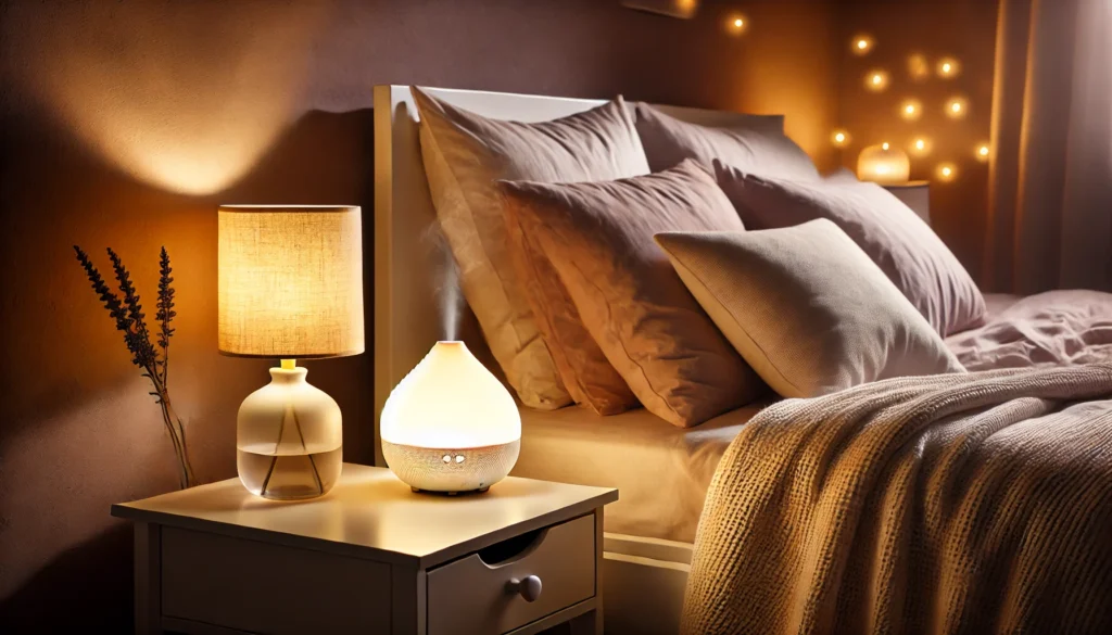 A tranquil bedroom at night featuring soft ambient lighting, a neatly made bed with fluffy pillows and a cozy throw blanket, and a bedside table with a glowing lavender diffuser, creating a calming environment for relaxation.