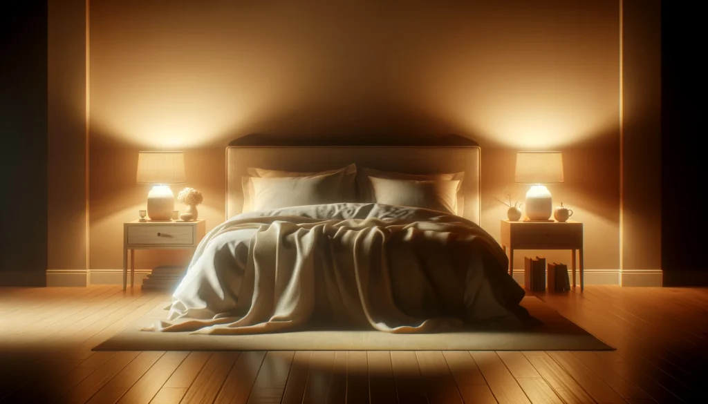 A peaceful bedroom scene showcasing a cozy, inviting bed surrounded by warm tones and soft ambient lighting. The minimalistic design features a bedside table with a lamp and subtle decor, enhancing the feeling of tranquility and comfort.