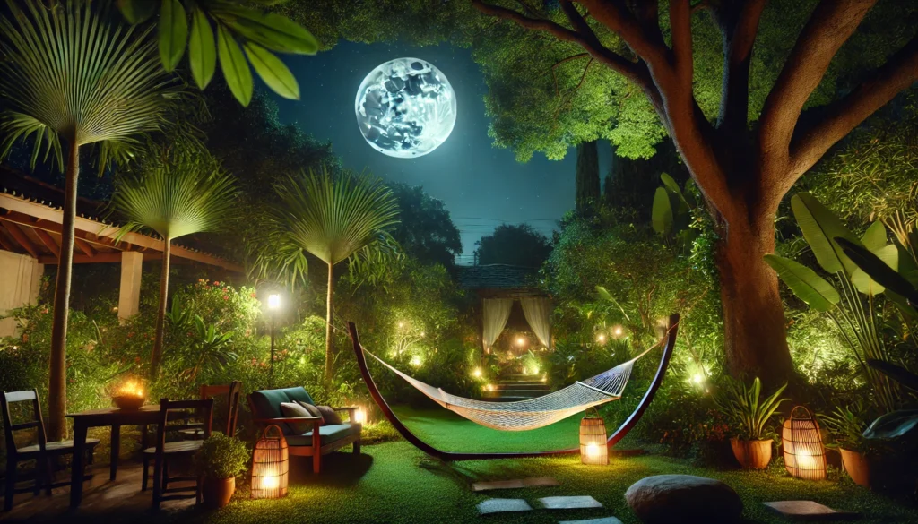 A tranquil outdoor garden at night featuring a hammock under the moonlight, surrounded by lush greenery and softly lit by lanterns, creating a peaceful environment ideal for relaxation and stress relief.