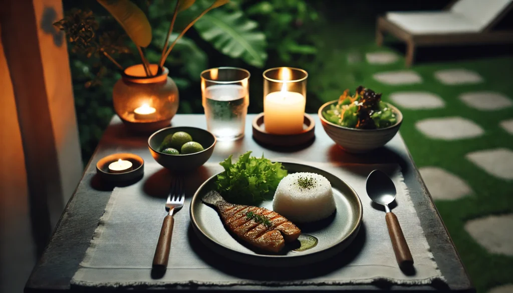 A tranquil nighttime dining table featuring a plate with a small serving of rice, grilled fish, a side of green salad, a glass of water, and a softly glowing candle for a serene and balanced setting.