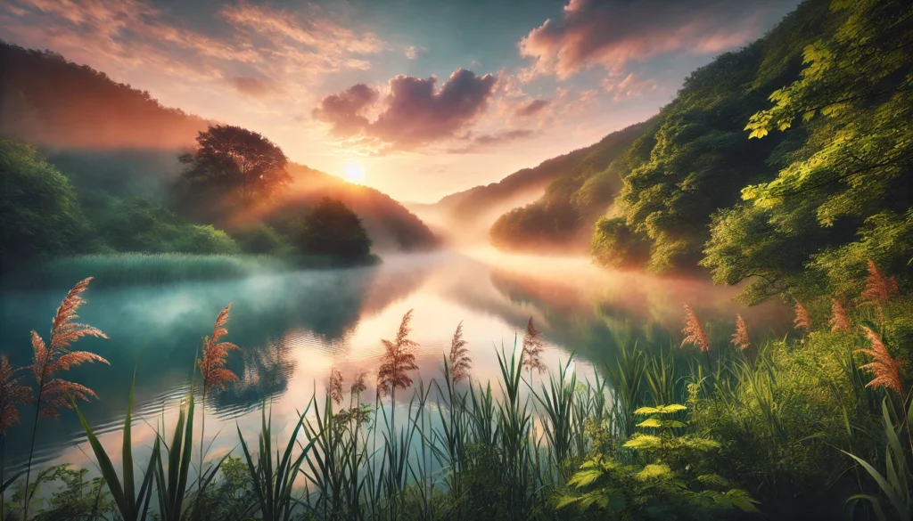 A soothing natural landscape at sunrise, featuring a serene lake surrounded by lush greenery. Gentle mist rises from the water, with soft hues of the sky reflecting on the calm surface, evoking a tranquil and restful connection to nature.