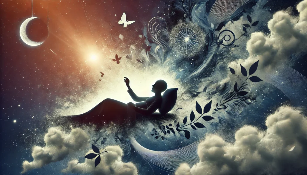 An artistic visualization of sleep challenges in older adults, featuring a silhouette of an older person resting in bed surrounded by swirling dark clouds and fragmented shapes, with gentle beams of light symbolizing hope and strategies for improving sleep quality.